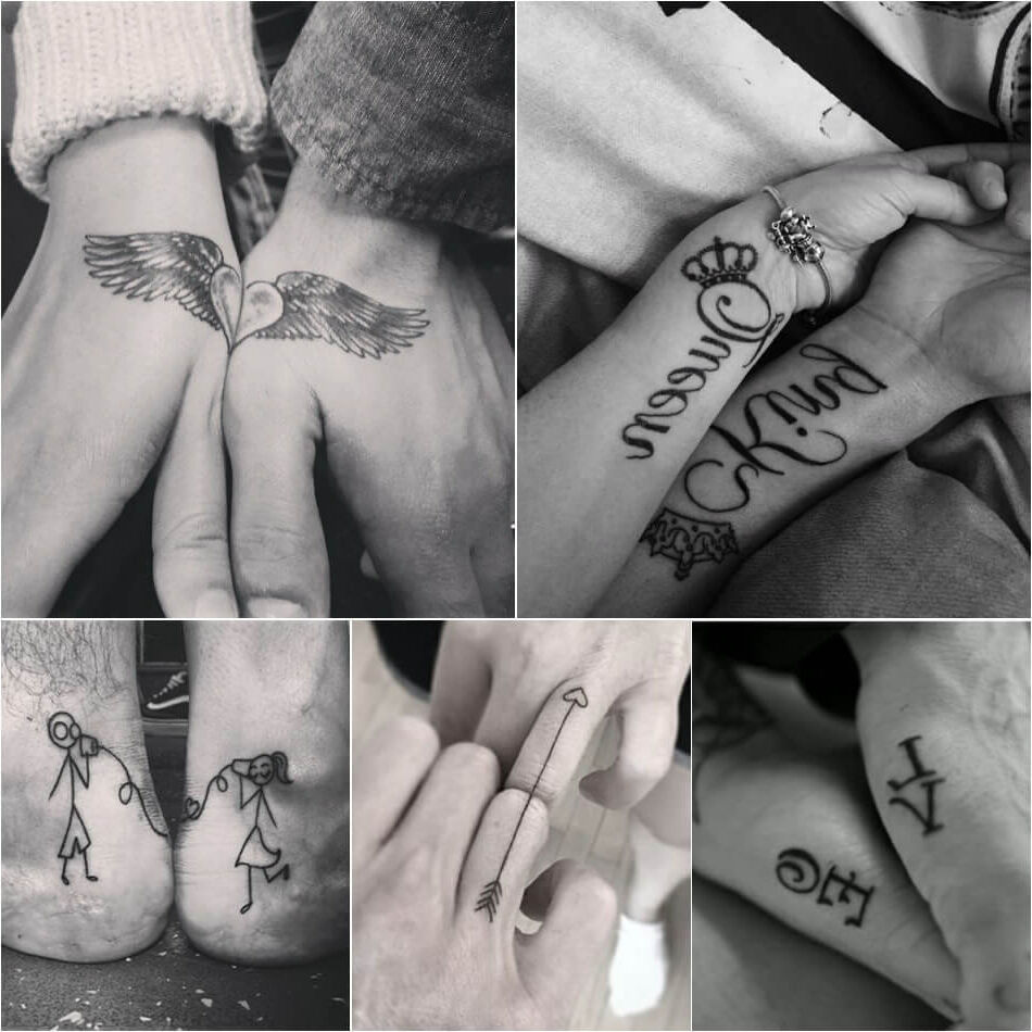 Tatuagens para casais colagem coração e asas inscrições caricatura letras