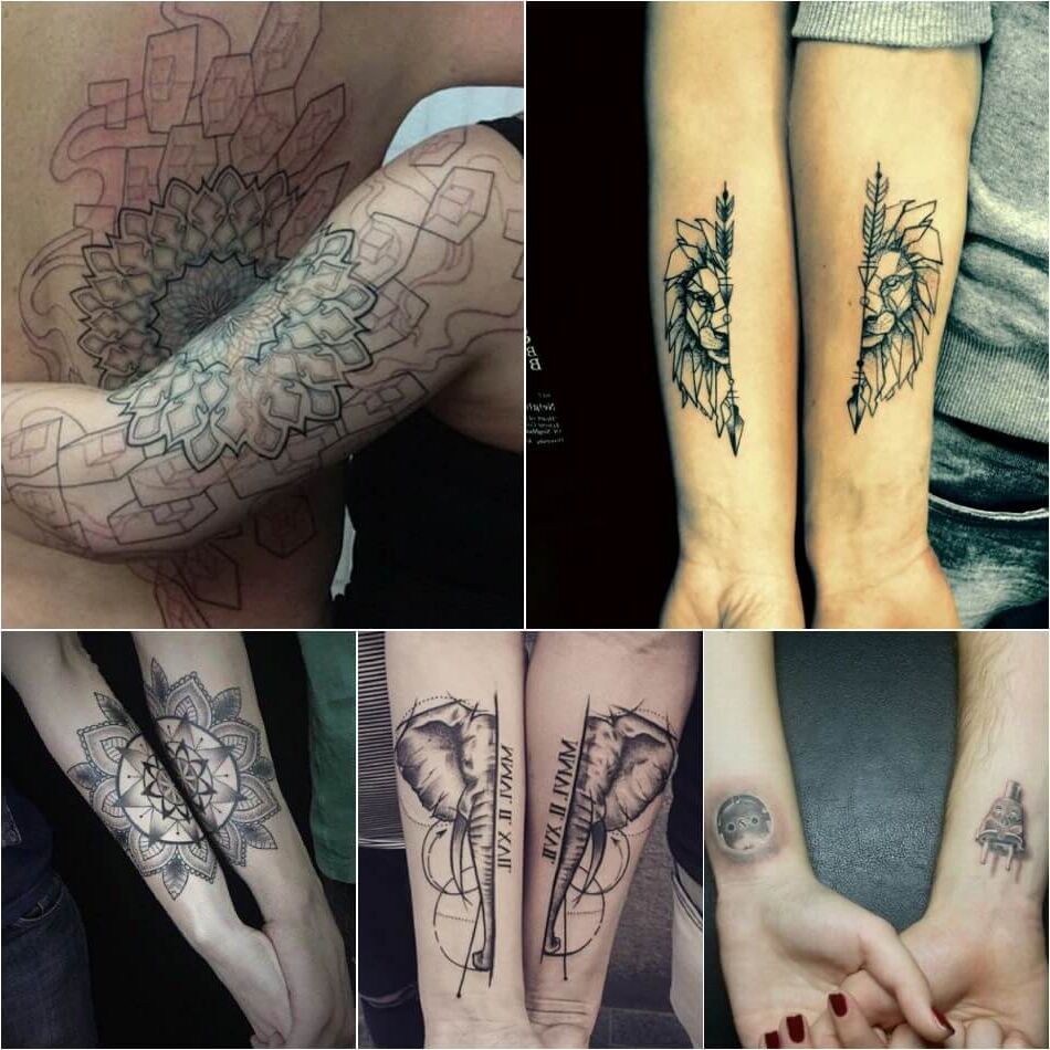 Tattoos für Paare, Collage mit geometrischen Mustern, abstraktes Löwen-Mandala-Motiv