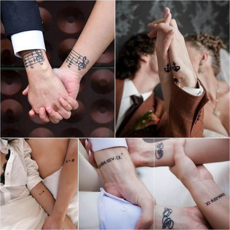Tattoos für Paare collagieren das gleiche Pentagramm auf dem Handgelenk und kreuzen römische Ziffern