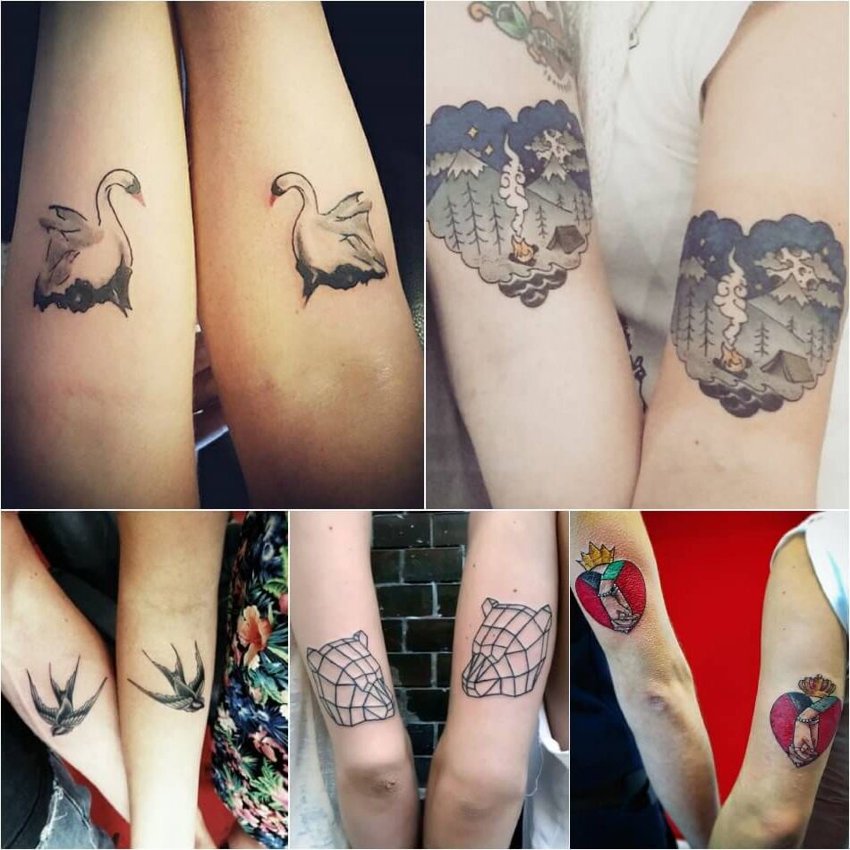 Tatuaggi per coppie collage uguali cigni campo rondine orso matrice cuori