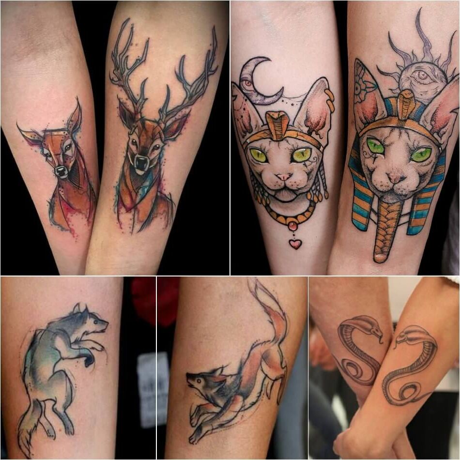 Tatuaggi Tatuaggi per coppie collage cervo maschio e femmina serpente maschio e lupo femmina