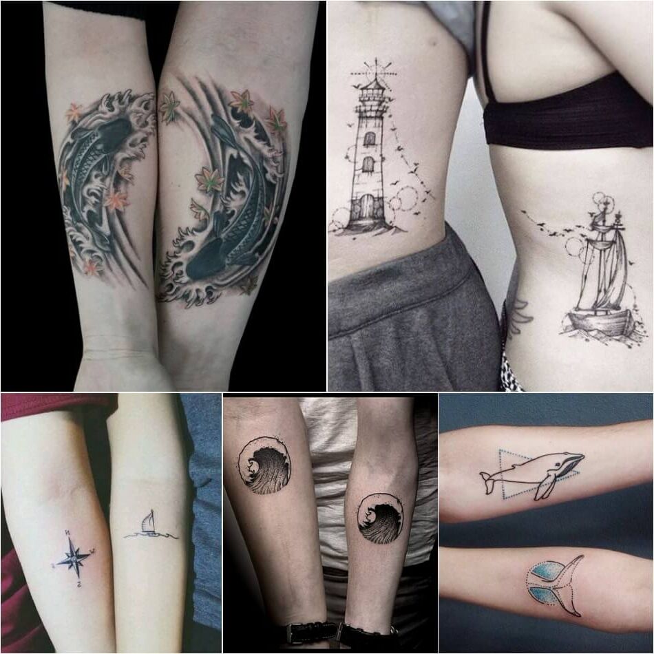 Tattoos für Paare: Collage aus Fisch, Leuchtturm und Schiff, Stern der Winde und Walschiff