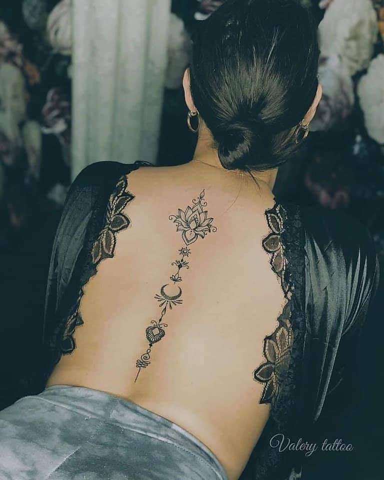 2 TOP 2 Full Back Woman Símbolo da Lua da Flor de Lótus Unalome ao longo da coluna vertebral