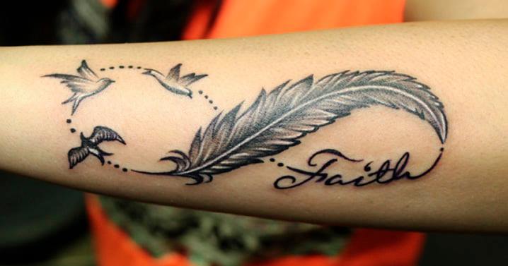 1 TOP 1 Tatuaje Temporal de Tinta con tres aves la palabra Faith Fe y Pluma