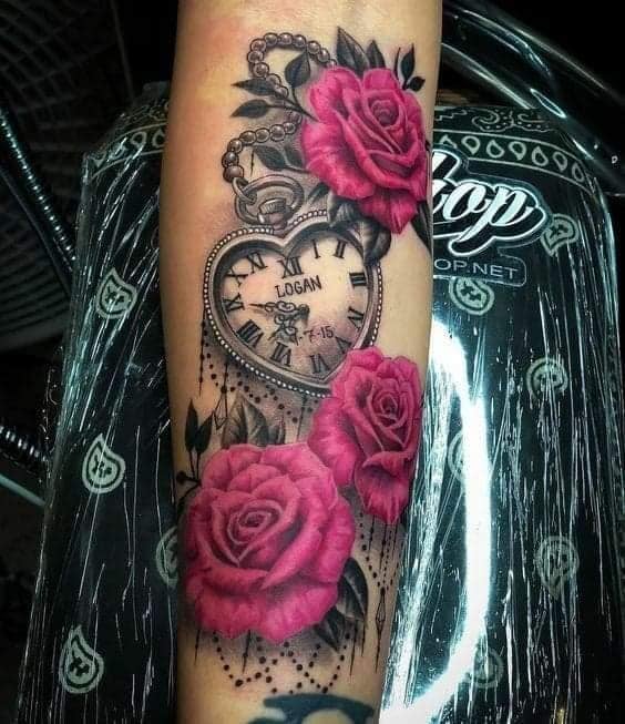 1 TOP 1 Tattoos on the Forearm Three Roses Heart-Shaped Clock Leaves