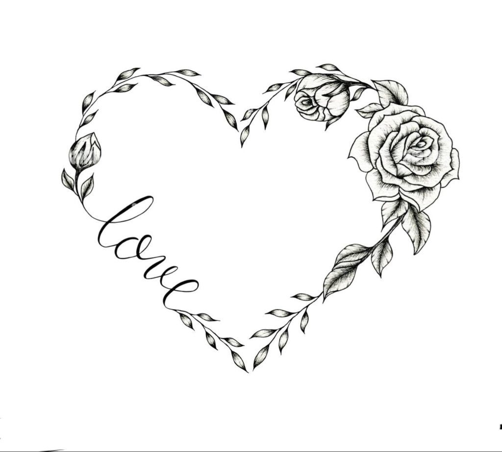 14 Herz-Tattoo-Skizzen für Männer und Frauen mit Rose und dem Wort „Love Love“.