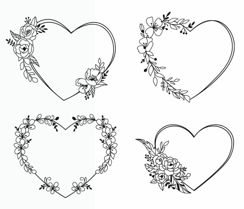 15 schizzi di tatuaggi a cuore per uomo e donna, quattro motivi con fiori e vegetazione
