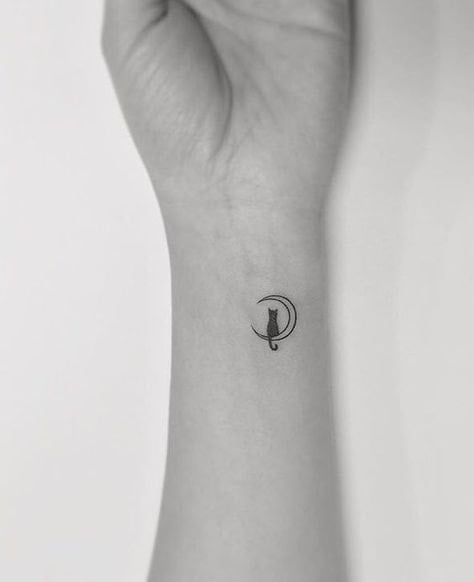 175 Small Moon and Black Cat Tattoos on Wrist