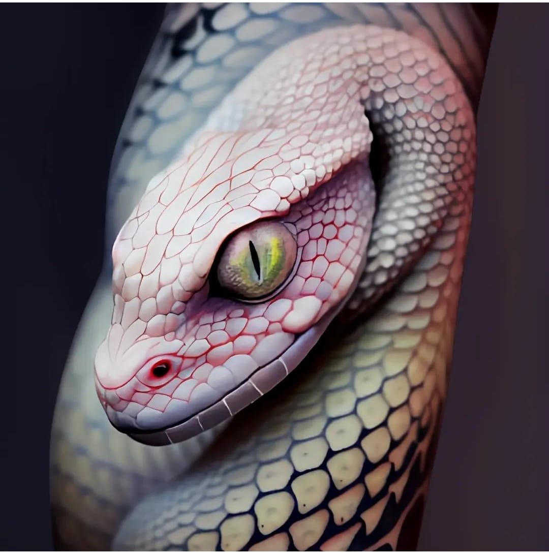 261 Ideenvorlagen, Skizzen für realistische Tattoos, Schlangenauge im Vordergrund mit verschwommenem Hintergrund, krabbelndes Künstlermonster