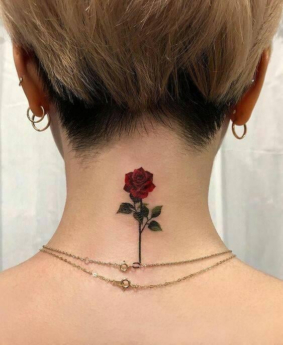 3 TOP 3 Small and beautiful Red Rose Tattoo on neck nape with green stem