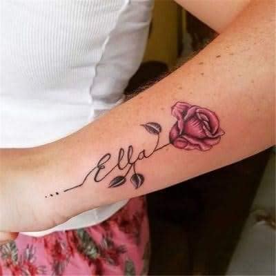 42 Flower Tattoos with Names on the Stem on the forearm rose rose name her with leaves