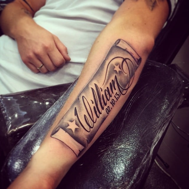 48 Fonts for Tattoos of Names Eilliam with Date of Birth on forearm with Scroll and stars