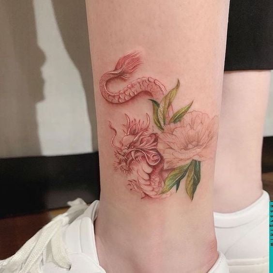 5 TOP 5 Red Dragon Tattoos with Pink Flower and Green Leaves