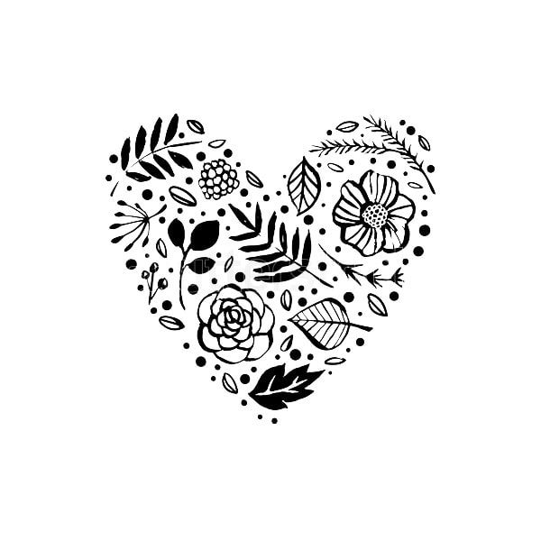 5 Tatuagens de Corações Esboços para Homens Mulheres tipo carvão com flores definidas no interior