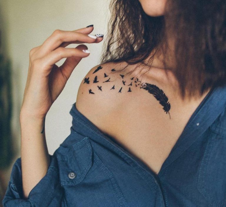 6 Temporary Tattoos on clavicle feather and birds coming out of it towards the shoulder