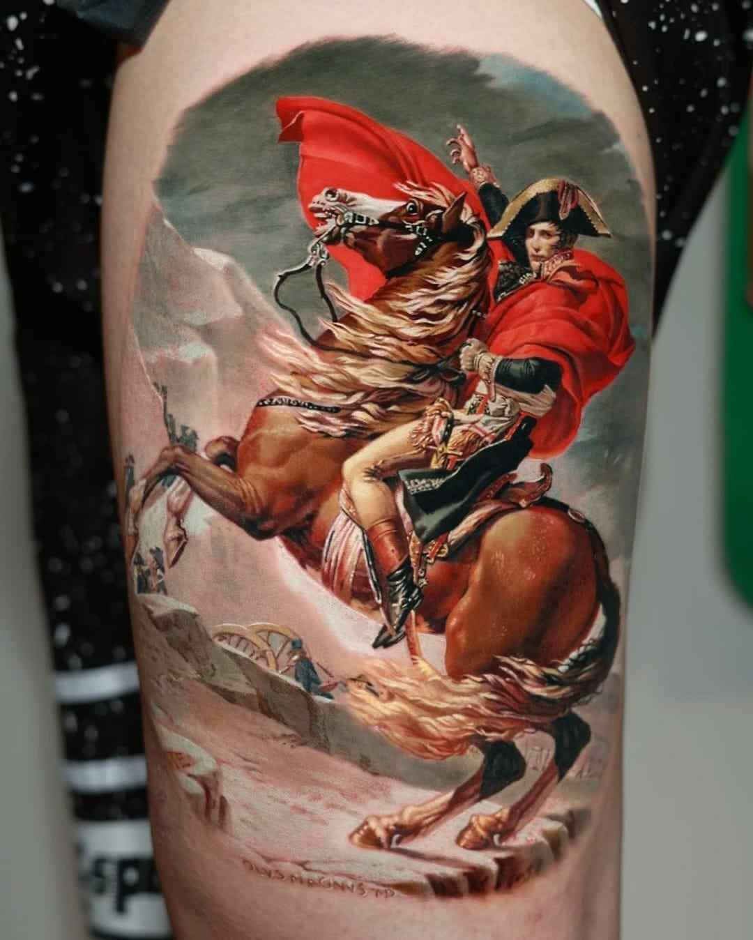 74 modelos de ideias Esboços para tatuagens realistas Napoleão cavalgando com fundo de batalha Artista monstercrawling
