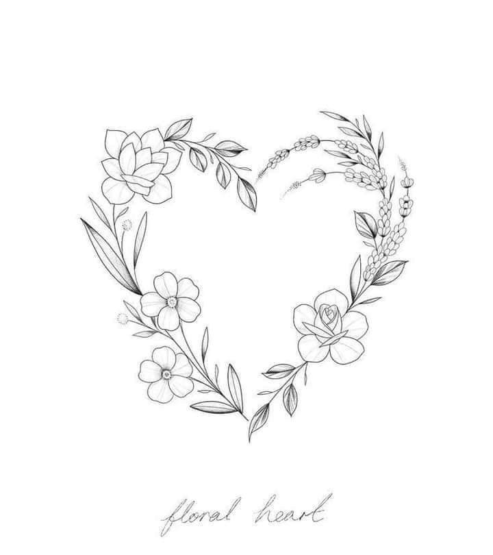 8 schizzi di tatuaggi a cuore per uomini e donne con foglie e fiori in linee sottili