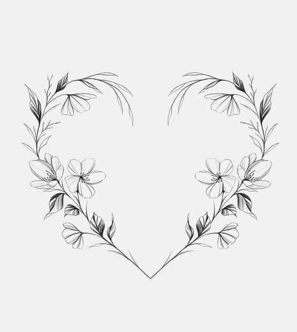 9 schizzi di tatuaggi a cuore per uomini e donne con linee sottili con fiori e foglie