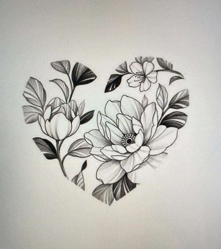 9 Heart Tattoos Sketches for Men Women charcoal drawing filled with flowers and leaves