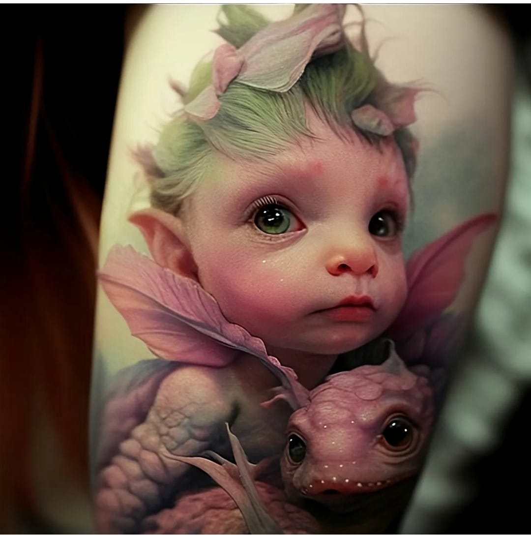 96 Modèles d'idées Croquis de tatouages réalistes Petit bébé elfe aux cheveux verts et animal de compagnie ailé Artiste monstre rampant