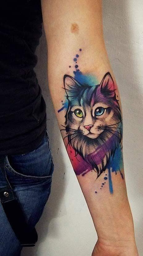 Tattoos of Cats Realistic watercolor furry cat in black with one blue eye and one green eye