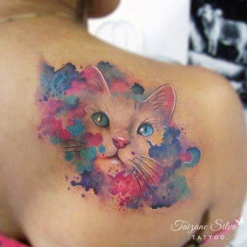 Tatuagens de gato na omoplata Gato em aquarela com olhos azuis claros com tons de rosa