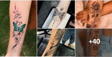 Collage-Tattoos auf dem Unterarm