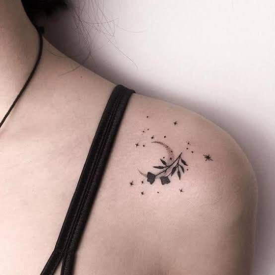 20 Tatuagens no ombro Pontilhismo Meia-Lua Buquê de duas rosas negras Estrelinhas bem pequenas