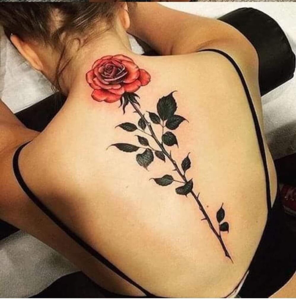 33 Tatuajes en la espalda Rosa en la base del cuello y tallo negro en la columna
