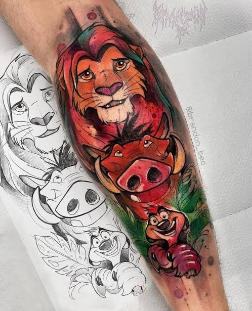 40 Tatouages Disney Le Roi Lion Aquarelle sur mollet