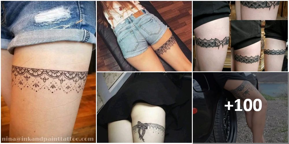 Collage-Tattoos von Strumpfbändern auf Oberschenkeln