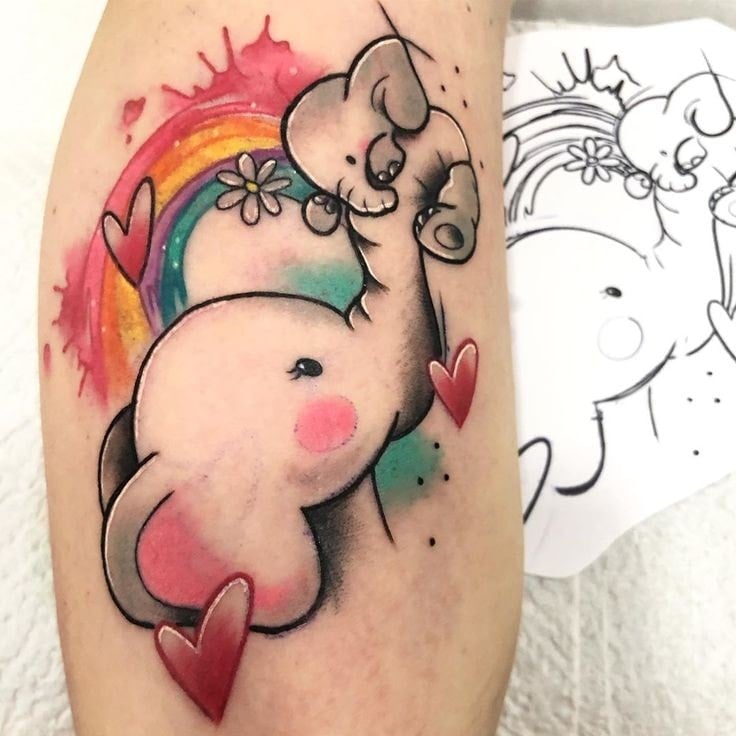 Tattoos of Mothers and Children Elephant mom holding with her trunk her little elephant son behind rainbow hearts and flowers watercolor