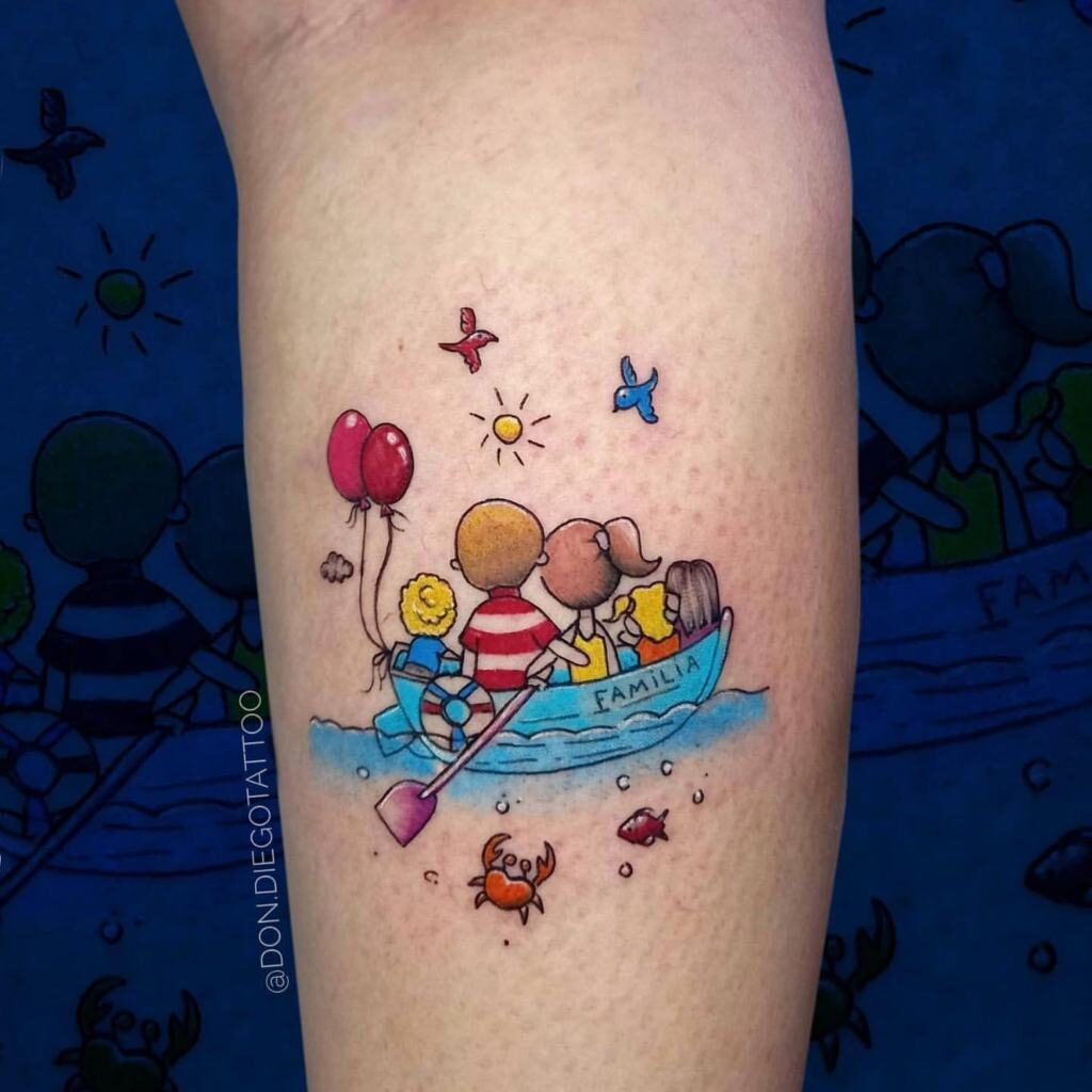 Tattoos for Mothers and Daughters Mother and Father in Boat that says Family Sailing in the Sea with Stars Birds Fishes Crabs Sun and Balloons