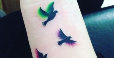 1 TOP 1 Tatuajes de Aves y Colores Tres Negras en la Muneca con difuminado de colores Verde y Rojo
