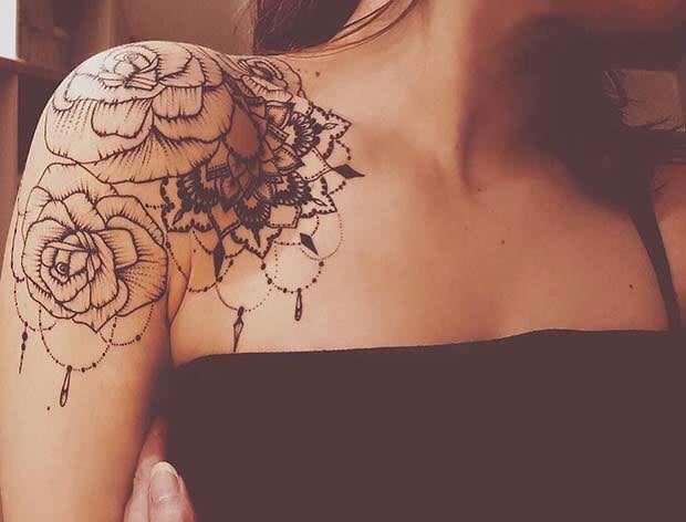 11 zarte Mandala-Tattoos mit feinen Strichblumen mit Rosenblüten, Schlüsselbein und Arm