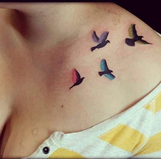 18 tatuagens de pássaros e cores pretas com asas coloridas na clavícula