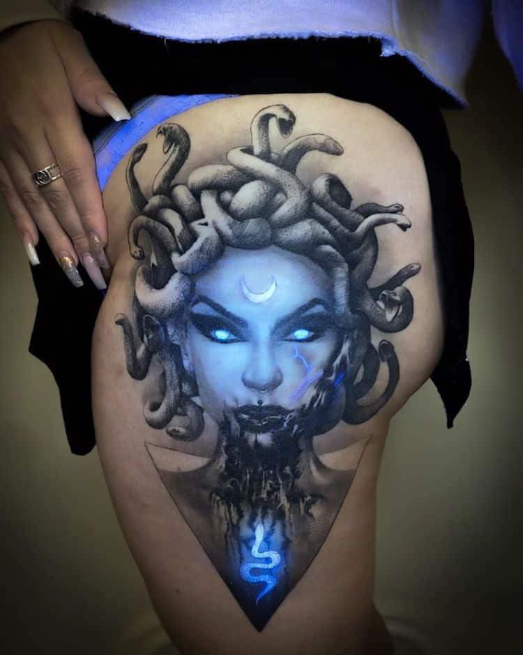 200 Tattoos with UV Ink Medusa with moon on the head and snake on the thigh