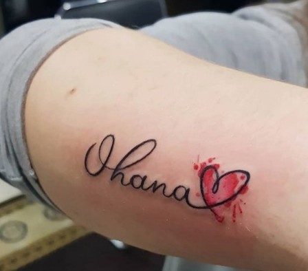3 Tattoos of Phrase Ohana Family handwritten letter with heart painted in red watercolor