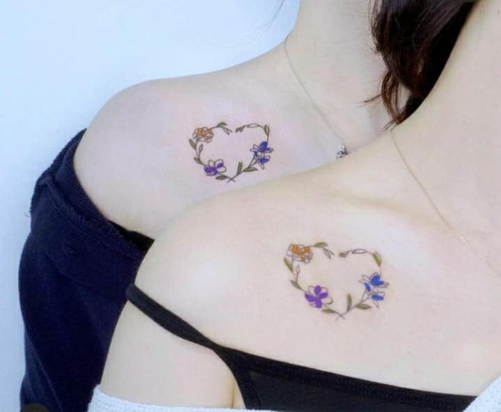 4 TOP 4 Tattoos for Friends Sisters Couples Hearts made of Twigs and violet and blue flowers on the shoulder of friends