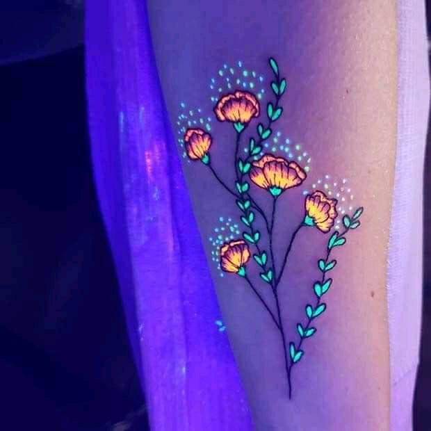 6 Flower bouquet UV tattoos with green and orange fluorescent seeds
