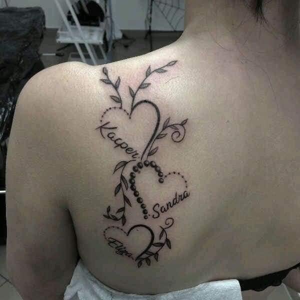 74 Beautiful Tattoos for Women Three Hearts on the Shoulder Blade with three names Eliza Sandra and Karper with pearl branches