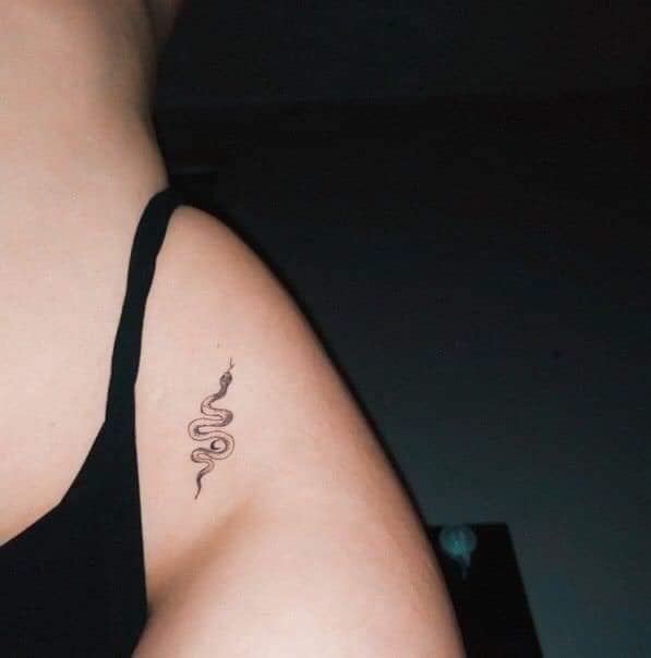 9 Piccolo tatuaggio minimalista del serpente nero sull'inguine della donna