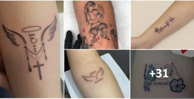 Tatuagens de colagem em memória de entes queridos, anjinhos falecidos