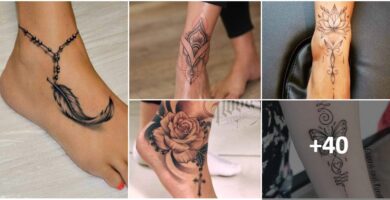 Tatuaggi collage su polpaccio e collo del piede