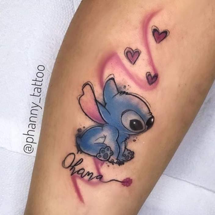 Stitch Ohana Tattoo Cores e Corações Rosa Pinceladas Rosa