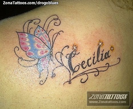 Tatuaggi con il vero nome Cecilia con stelle e farfalla turchese e rossa