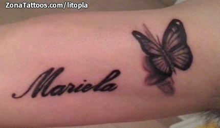 Veri tatuaggi di nomi Mariela con farfalla 3d con ombra