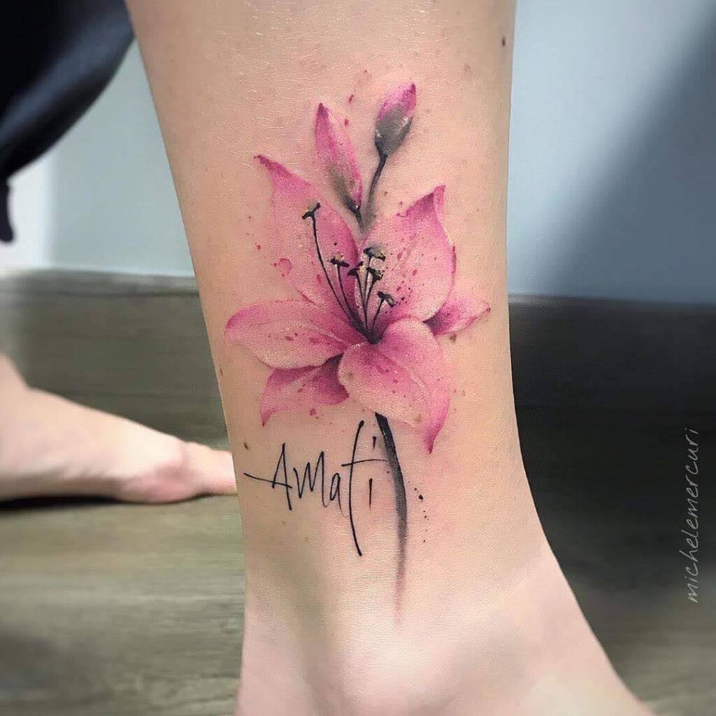 1 TOP 1 Beautiful Pink Flower Tattoo in which you can see the pistils and buds on the ankle and the inscription Amati