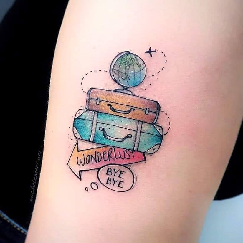 10 Tattoo for lovers of travel suitcases world plane words Bye Bye and Wanderlust Pasion de Viajar