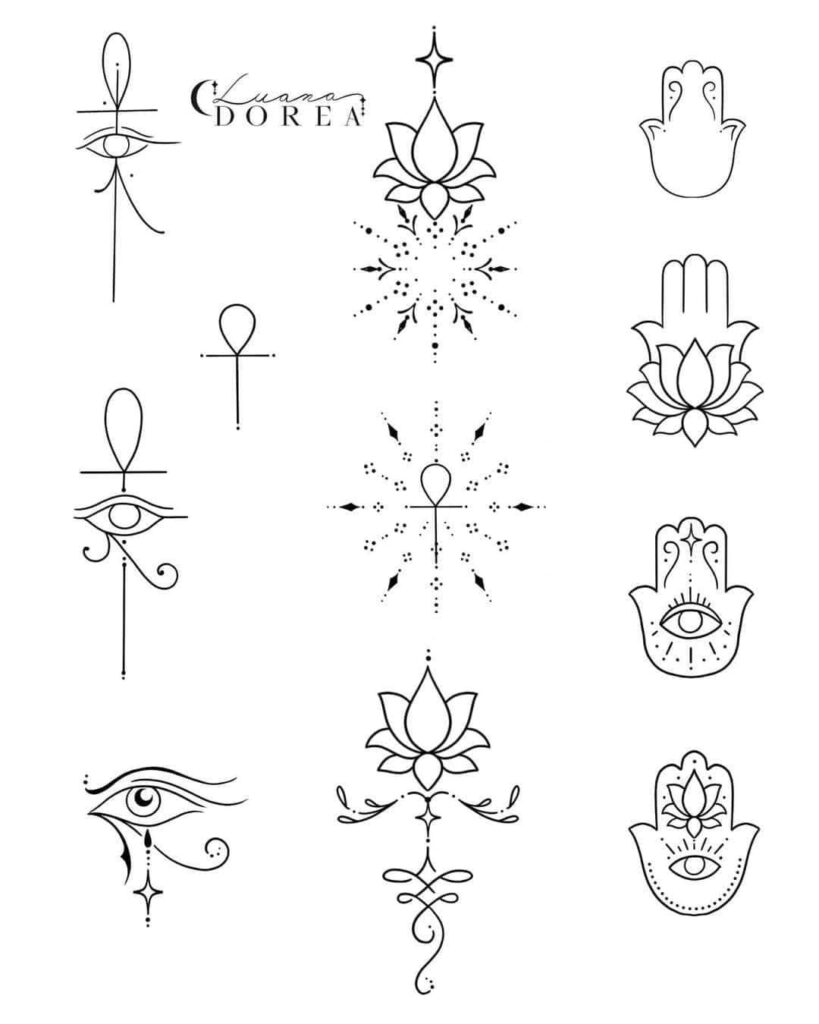 109 Skizzenvorlagen, verschiedene Designs mit Auge des Orus, Hand der Fatima und Zepter, ägyptische Designs